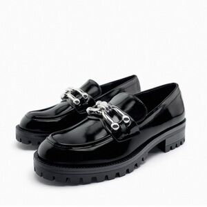ZARA LUG SOLE EMBELLISHED BUCKLE LOAFER MOCCASINS Black  EU 40 US 9